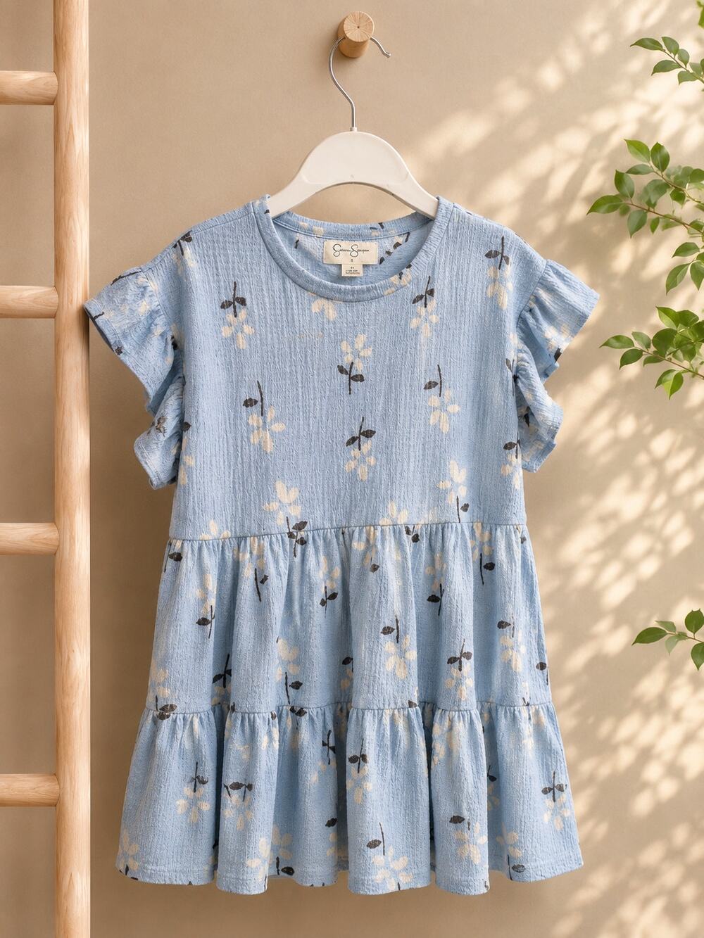 Jessica Simpson Girls Blue Floral Tiered Dress Size 8 Flutter Sleeve Casual